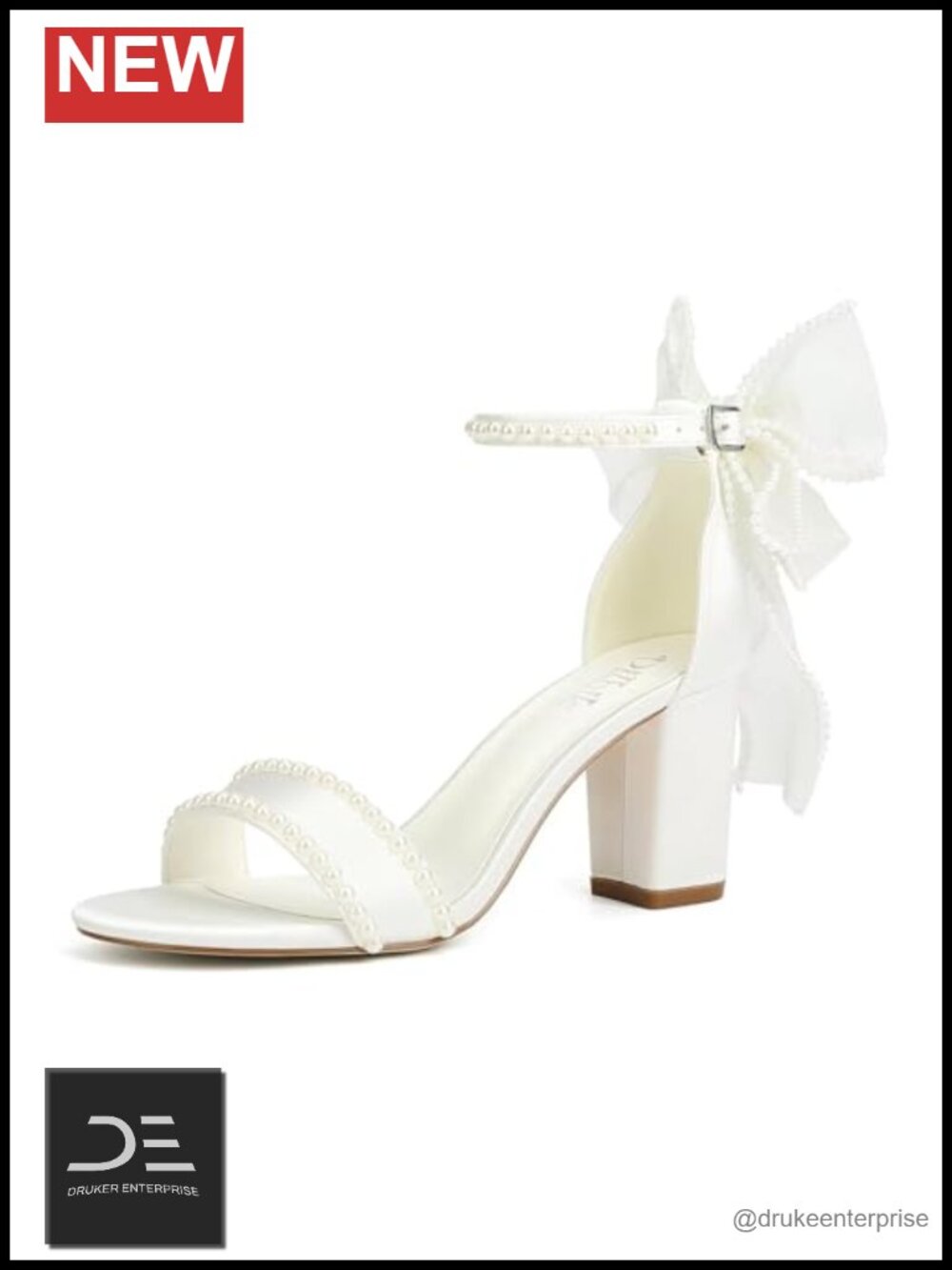 Pearl Wedding Heels for Bride Block Heel Sandals Open Toe Bow Tie Bridal Shoes